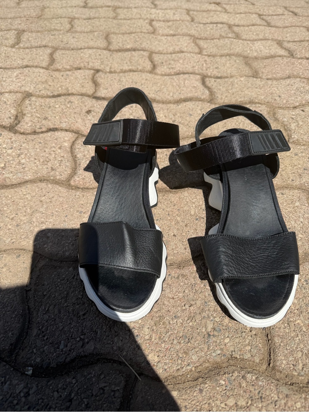 Sorel Black Leather Sandals with White Sole